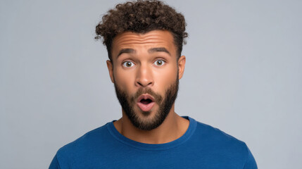 Surprised man with raised eyebrow surprised man with widened eye shocked expression open mouth astonished face portrait young male mixed race curly hair beard