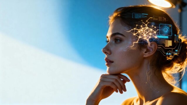 Woman with futuristic neural interface and digital data visualization on her head - Powered by Adobe