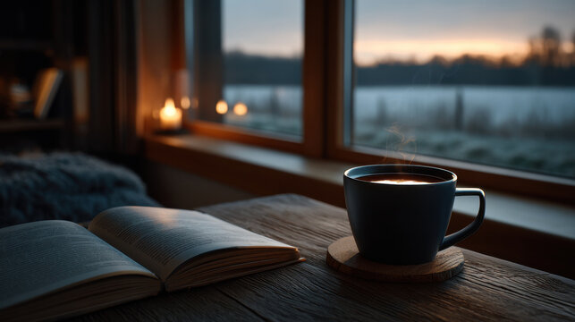 Cozy morning cup of coffee by foggy window with open book, candlelight glow and soft sunrise mood - Powered by Adobe