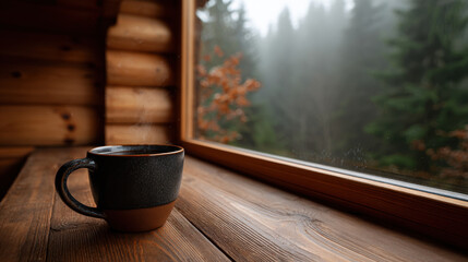 Cozy wooden cabin mug on windowsill cabin mug wooden windowsill forest fog autumn pine tree log wall ceramic cup
