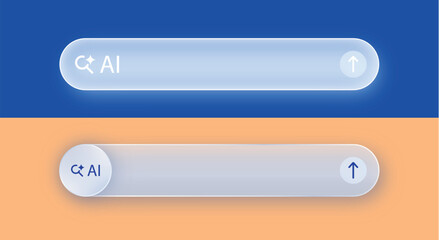 Artificial intelligence AI search bar showing chatbot interface and glow glass effect, vector element for robot, digital assistant, internet, innovation, futuristic illustration design