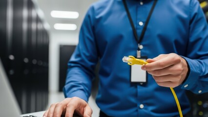 It technician in blue shirt holding yellow ethernet cable and working on laptop in server room, isolated on white
