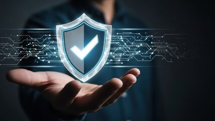 Digital security shield icon with checkmark hovering over a persons open hand, representing data protection and cybersecurity concept