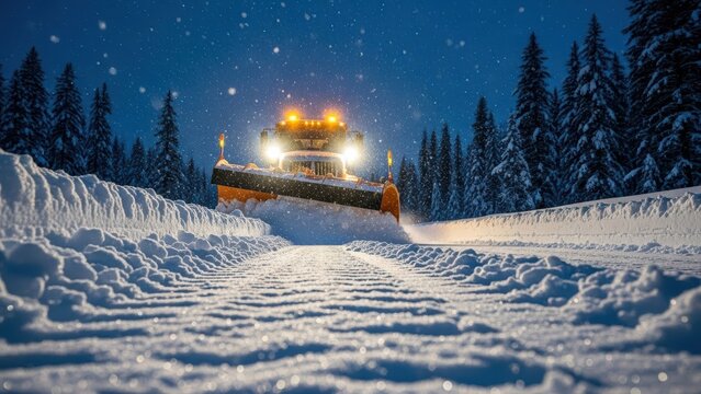 Snow plow clearing road at night with heavy snowfall and flashing lights in snowy forest landscape