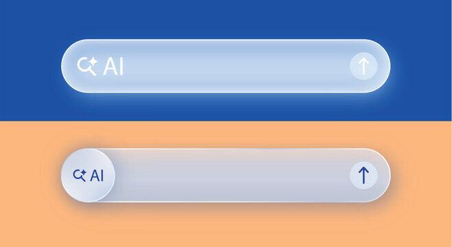 Artificial intelligence AI search bar showing chatbot interface and glow glass effect, vector element for robot, digital assistant, internet, innovation, futuristic illustration design