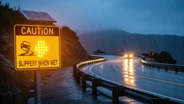 Caution slippery when wet road sign illuminated at night on winding mountain road during heavy rain