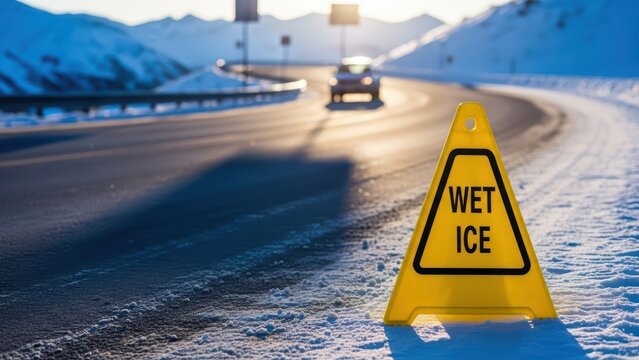 Wet ice warning sign on snowy road with car driving in winter landscape
