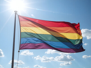 Rainbow flag waving under sunlight, soft-focus sky background, silky texture with gentle wind, symbol of freedom and respect.