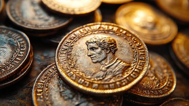 Close-up view of antique coins showcasing intricate designs and textures