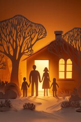 ペーパークラフト調 玄関に立つ家族のマイホームイメージ