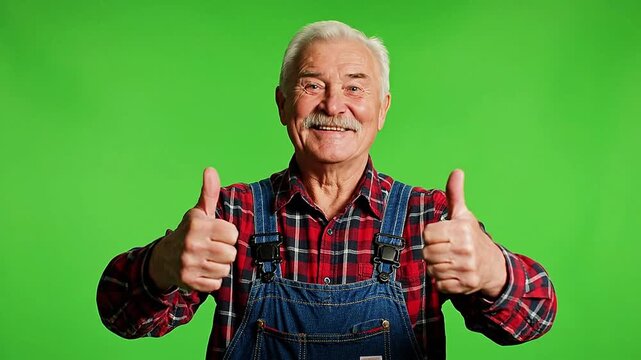 Smiling older man in plaid shirt and overalls giving double thumbs up on green screen background