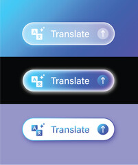 Glassmorphism AI translate button showing language icons and text in gradient colors, vector element for AI assistant, translation, application, software, communication, internet design