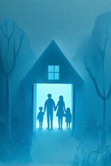 ペーパークラフト調 玄関に立つ家族のマイホームイメージ