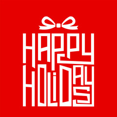 Bold &lsquo;Happy Holidays&rsquo; typography in a gift-box style design with a ribbon on top, set against a bright red background