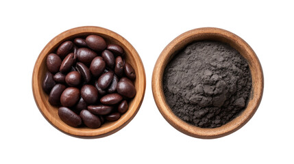 Fototapeta premium Brown Coffee Beans and Fine Ground Coffee Powder in Wooden Bowls on a White Background