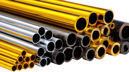 Collection of Various Metal Tubes Including Golden, Silver, and Black Pipes for Industrial and Commercial Applications