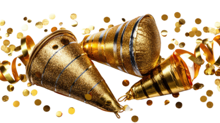 Festive Gold Party Hats with Glitter and Streamers Against a Sparkling Gold Background