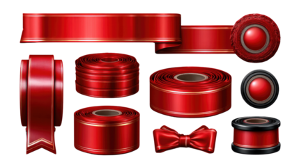 Collection of Bright Red Ribbons and Bows for Gift Wrapping and Decoration Purposes in Various Styles and Sizes