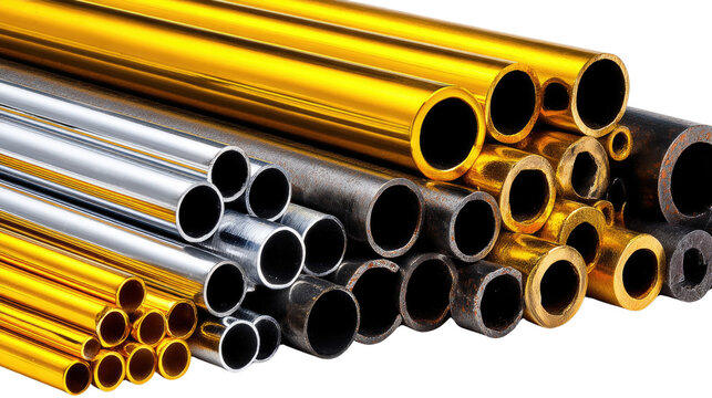 Collection of Various Metal Tubes Including Golden, Silver, and Black Pipes for Industrial and Commercial Applications
