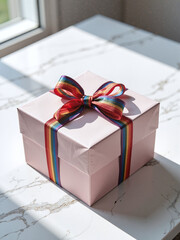 Square gift box wrapped with rainbow ribbon, placed on a white marble table,The rainbow-wrapped gift embodies generosity and the spirit of love.