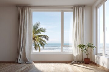 Naklejka premium Bright interior room with a large window overlooking a tropical beach and palm tree.