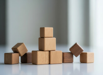 Obraz premium Wooden cubes representing leadership arrangements placed using shallow focus and neutral soft blurred background..png