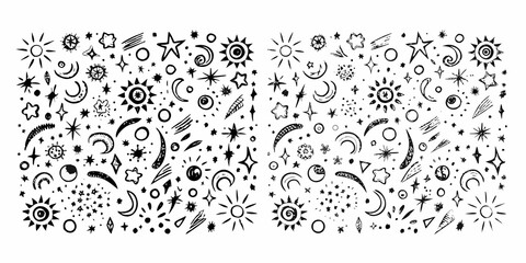 A whimsical pattern of hand drawn celestial elements including stars moons and suns