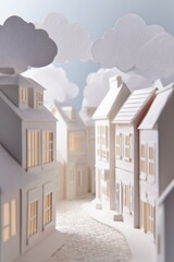 ペーパークラフト調 ヨーロッパ風住宅街の小路シーン