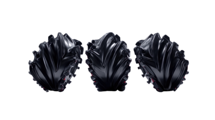Three Elegant Black Decorative Pieces with Leaf Shapes and Textures on a Plain Background