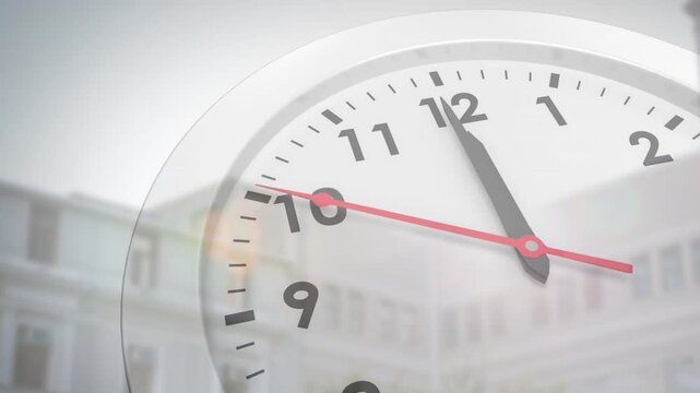 See-through clock red hand starting near 9 sweeping clockwise, dark hand inching, marking time flow
