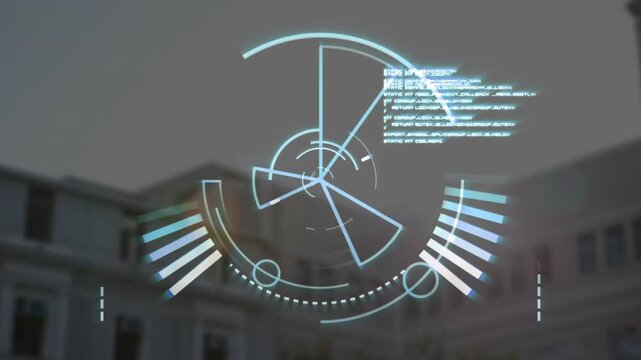 Cyan HUD overlay activating, sweeping wedges and orbiting nodes, pulsing bars scanning facade