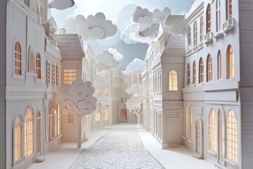 ペーパークラフト調 ヨーロッパ風住宅街の小路シーン