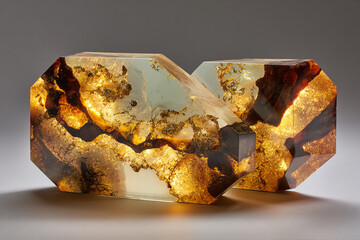 Abstract, backlit sculpture. Cracked resin and gold fragments create a glowing, segmented, polygonal shape against a gray background.