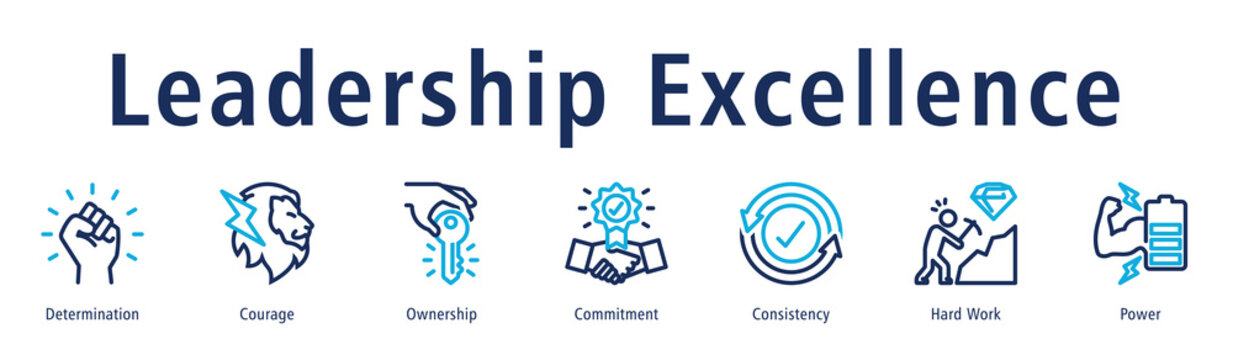 Leadership excellence icon vector concept showing determination, courage, ownership, commitment, and consistent performance in guiding teams and achieving goals.