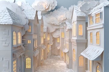 ペーパークラフト調 ヨーロッパ風住宅街の小路シーン