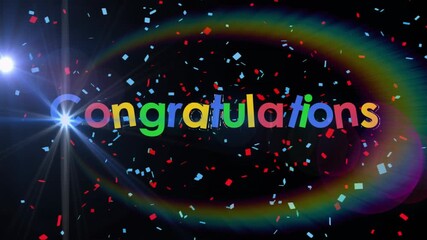 On black, confetti falling, Congratulations text showing, ring glowing, flare moving, celebrating