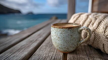 A speckled ceramic mug of warm coffee sits on a weathered wooden deck overlooking a calm blue ocean with a cozy knit blanket nearby.