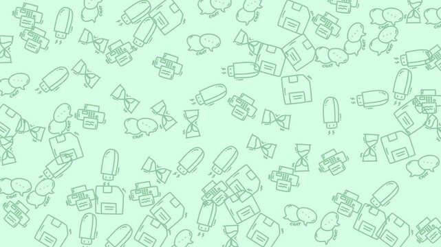 Light green floppy disks, pens, and office supplies on a desk. Suitable for technology, vintage technology, office, and business concepts.