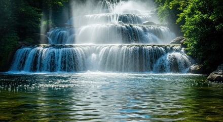 A cascading waterfall with multiple tiers, bright sun, and lush green foliage