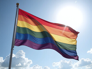 Rainbow flag waving under sunlight, soft-focus sky background, silky texture with gentle wind, symbol of freedom and respect.