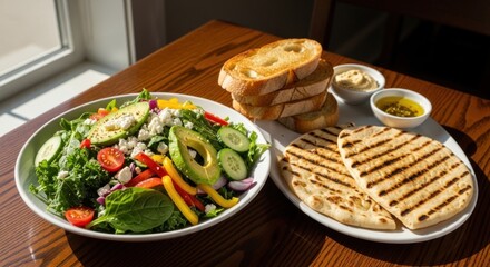 A colorful salad with avocado, beside grilled bread and dips, on a sunny wooden table