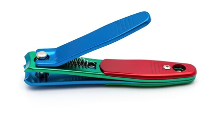 A close-up studio shot shows a colorful nail clipper on a white background