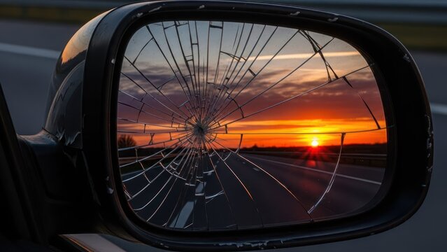 A broken side-view mirror reflects a vibrant sunset over an open highway