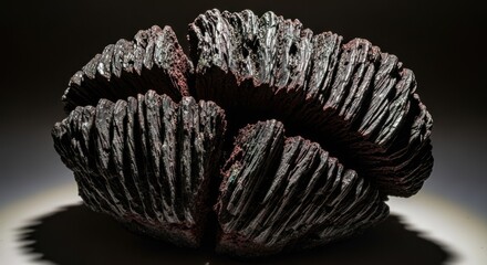A dark, textured, spherical object with a layered, organic appearance, lit from above