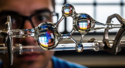 A blurry person in glasses observes a complex, reflective glass sculpture