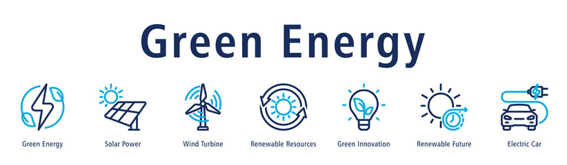 Green Energy web banner icon vector illustration with icons of Green Energy, Solar Power, Wind Turbine, Renewable Resources, Green Innovation, Renewable Future, and Electric Car.