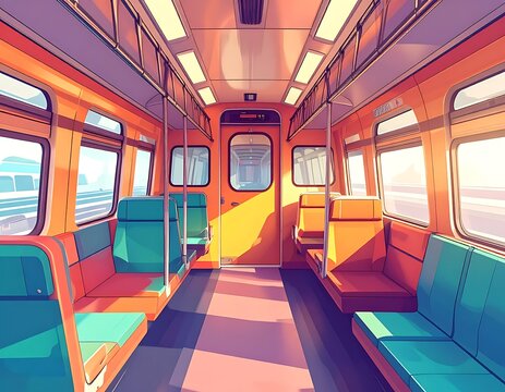 Cartoon style illustration of train car interior with colorful seats and sunny sky visible from the windows