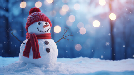 Fototapeta premium Adorable snowman wearing a red hat and scarf brings winter holiday cheer and festive spirit in a snowy wonderland