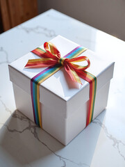 Square gift box wrapped with rainbow ribbon, placed on a white marble table,The rainbow-wrapped gift embodies generosity and the spirit of love.