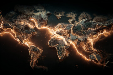 Dark, abstract world map where continents are fused by bright, electrical, golden lightning-like energy lines across the surface.